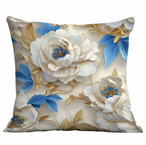Macro detail of 3D floral cushion cover showing white peony petals and blue leaves