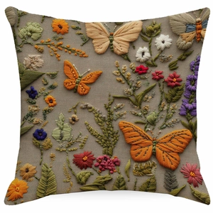 Detail of 3D floral embroidery and butterfly patterns on a linen textured pillowcase