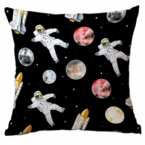 Detailed view of galaxy astronaut print on black decorative pillowcase with spaceship pattern