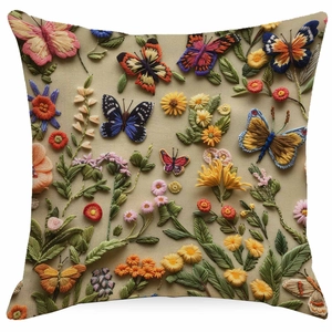 3D floral embroidery effect pillow case featuring vibrant butterflies and flower patterns