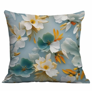 Detail of light blue square pillowcase featuring vibrant 3D floral prints and soft fabric