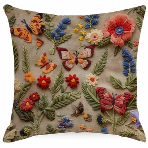 3D floral embroidery pillow cover with butterfly design on natural beige canvas base