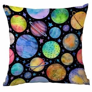 Square throw pillow cover with vibrant watercolor galaxy spaceship and planet patterns