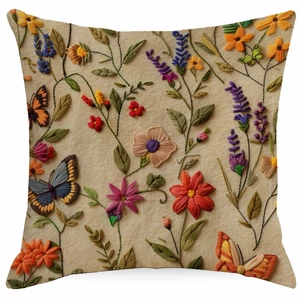 Detailed close-up of 3D floral embroidery patterns on a beige square pillowcase cover