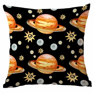 Detailed view of square pillowcase with watercolor spaceship and celestial planet patterns