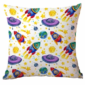 Detailed view of square pillowcase featuring watercolor space rockets and UFO patterns