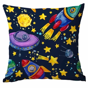 Detail showing cartoon space pattern with rockets and planets on a fabric pillowcase