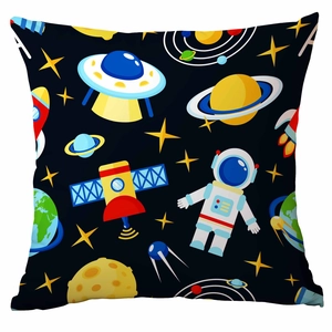 Detail of space-themed black square pillowcase featuring astronauts and planets pattern