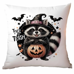 Funda de cojín de Halloween con estampado de mapache y diseño de linterna calabaza