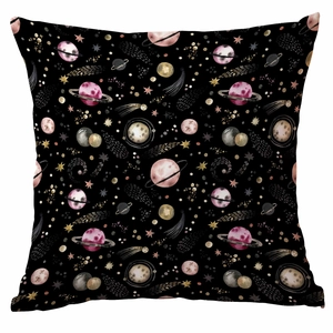 Starry universe space ship square pillow cover with watercolor planets on black background