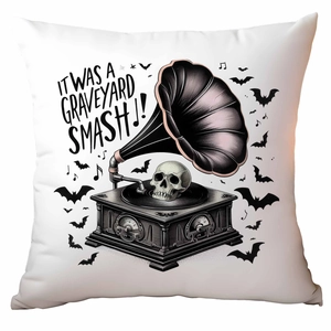 Funda de cojín de Halloween con calavera vintage y texto decorativo en blanco