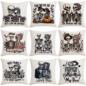 Fodera Per Cuscino In Lino Con Coppia Di Scheletri Di Halloween Romantico Gotico Teschio Cuore Stampato Decorativo Per Divano Casa