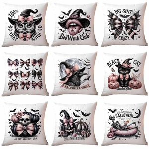 Funda de Almohada Halloween Spooky Era Rosa Negro Gótico Funda de Cojín Calavera Calabaza Gato Murciélago Decorativo Poliéster Felpa Corta