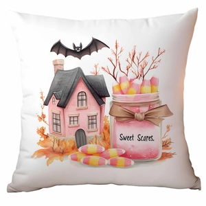 Pink Halloween throw pillow cover with watercolor house and bat on a white background