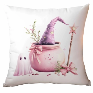 Pink Halloween pillowcase featuring watercolor witch hat, ghost and cauldron on white fabric