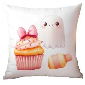 Close-up of pink Halloween ghost and cupcake print on white square throw pillow case