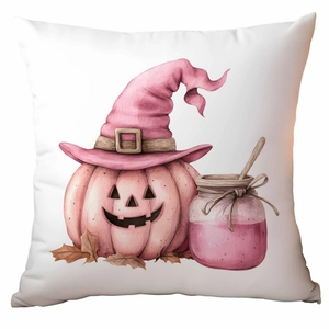 Detail of pink Halloween pumpkin witch hat watercolor print on a white cushion cover