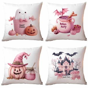 Pink Halloween Throw Pillow Case Soft Polyester Square Cushion Cover With Ghost Pumpkin Bat Pattern For Home Decor