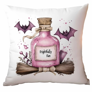 Pink Halloween potion pillow cover featuring Frightfully Fun text on white background