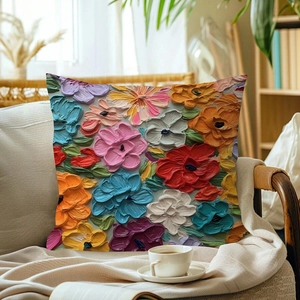 Bunter Kissenbezug mit 3D-Ölgemälde-Blumenmuster und Relief-Textur auf hellem Sofa