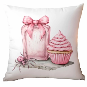Pink Halloween decorative throw pillow cover with soft goth cupcake and spider illustration