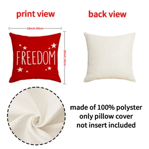 Detail view of polyester Freedom patriotic cushion cover with dimensions and fabric texture
