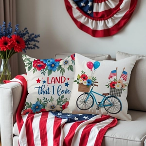 Independence Day floral throw pillow covers with American flag and bicycle print
