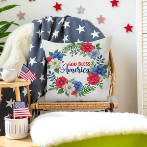 Independence Day floral wreath pillow cover with God Bless America text on linen fabric
