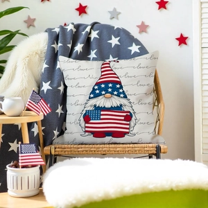 Patriotic gnome pillow cover with American flag stars and stripes for Independence Day decor