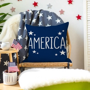Patriotic America gnome pillow cover with stars on woven chair for home decor