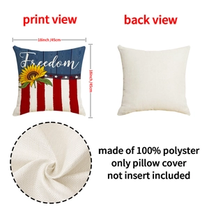 Detail view of 18x18 inch sunflower pillow cover with American flag stripes and freedom text