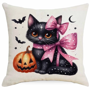 Detail of square Halloween cushion cover featuring a black cat and pumpkin illustration