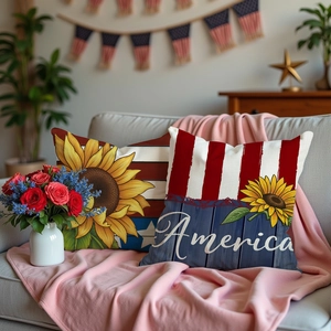 Set of two American Independence Day pillow covers with sunflower and flag patterns
