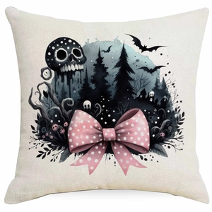 Gothic Halloween pumpkin cat cushion cover with pink polka dot bow on white background