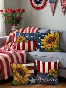 Set of 4 American Independence Day pillow covers with sunflower and US flag patterns