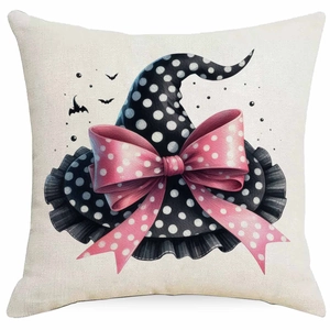 Halloween pumpkin cat dots pillow cover with witch hat pattern for sofa decor
