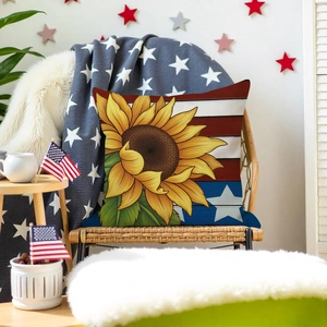 Patriotic sunflower throw pillow cover with US flag stripes and stars for home decor
