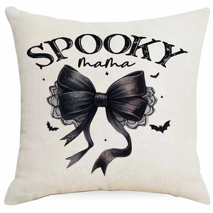 Halloween Spooky Mama Leinen Kissenbezug mit schwarzer Schleife und Fledermaus Dekor