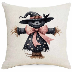 Detail of square cotton linen pillowcase with cute Halloween scarecrow and pumpkin face