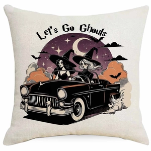 Halloween Kissenhülle aus Leinen mit Hexen-Illustration und 'Let's Go Ghouls' Spruch