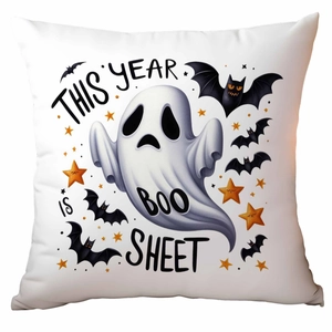 Halloween ghost pillow case with linen texture and This Year Is Boo Sheet typography