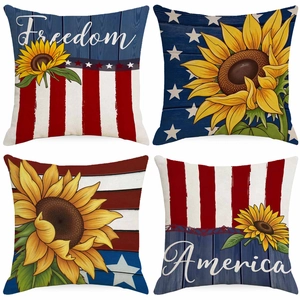 Independence Day Sunflower Linen Pillowcase American Flag Star Stripes Pattern Decorative Cushion Cover Home Decor Gift