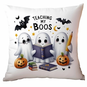 White linen Halloween pillow cover with Teaching My Boos cute ghost design