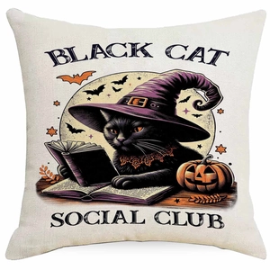 Detail von Halloween-Kissenbezug aus Leinen mit schwarzer Katze im Hexenhut und Kürbis