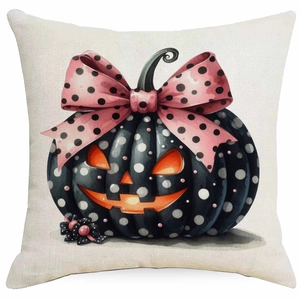 Halloween pumpkin cushion cover with polka dot bow and festive lantern face for sofa decor