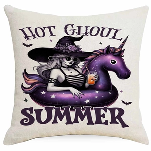 Detailstruktur des Leinen Halloween Kissenbezugs mit Hot Ghoul Summer Motivdruck