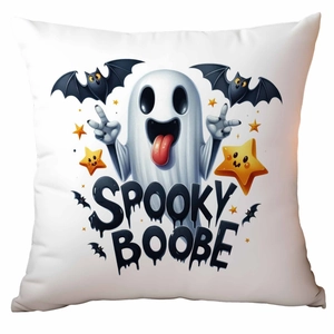 Detail of linen Halloween pillow cover with cute ghost and Spooky Boobe print