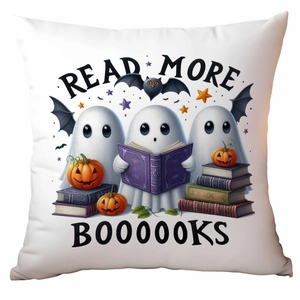 Detail of square linen pillowcase with cute ghosts reading books and orange pumpkins