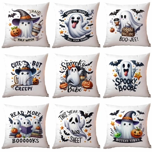 Halloween Ghost Cartoon Throw Pillow Cover Polyester Short Plush Square Decorative Cushion Case For Sofa Spooky Home Decor