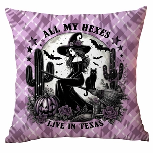 Gothic witch halloween pillow case with all my hexes live in texas quote and purple plaid